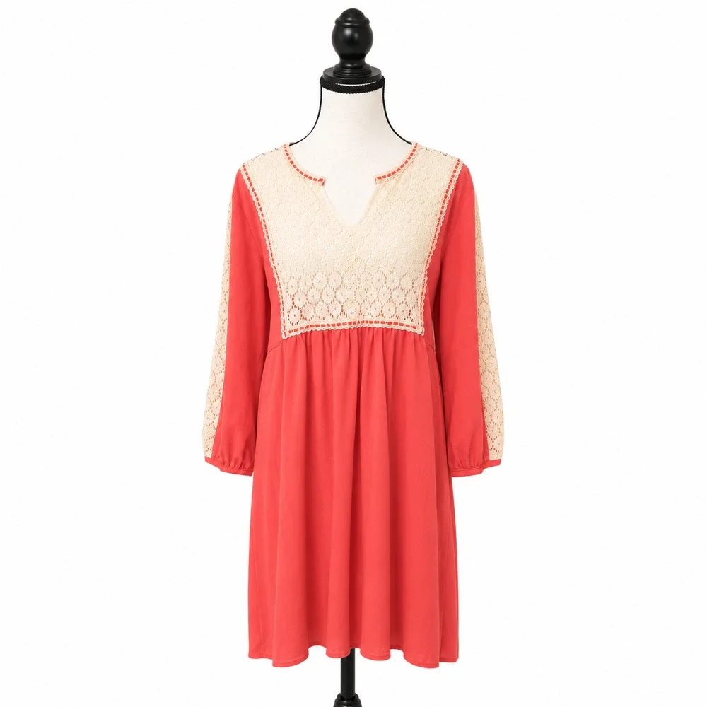Umgee Mini Dress Womens Size Large Pink Split Neck Lace Peasant Cottagecore NWT